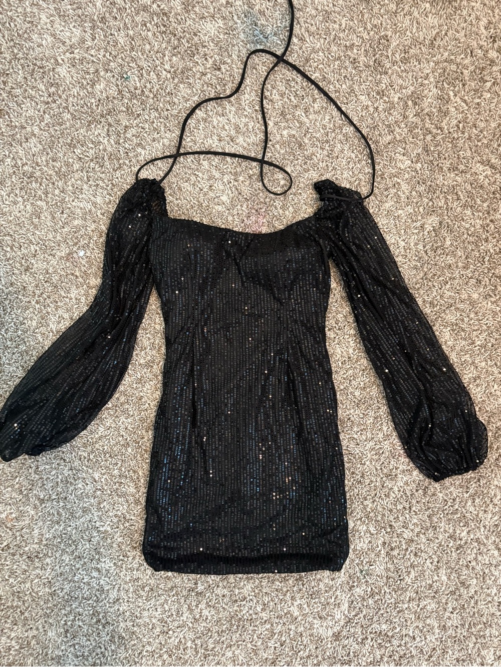 Black Sequin Puff-Sleeve Mini Dress